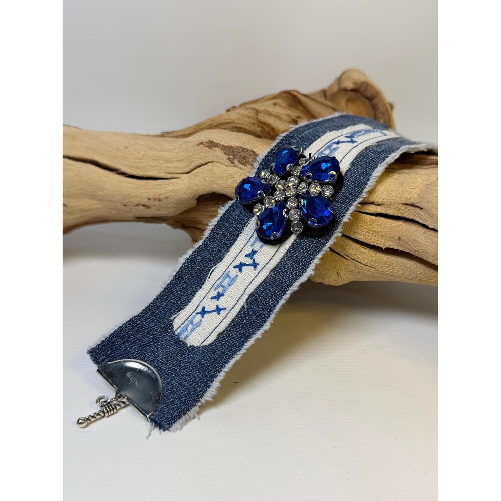 Denim Cuff Bracelet Blue Rhinestone Floral Vintage Textile One of a Kind
